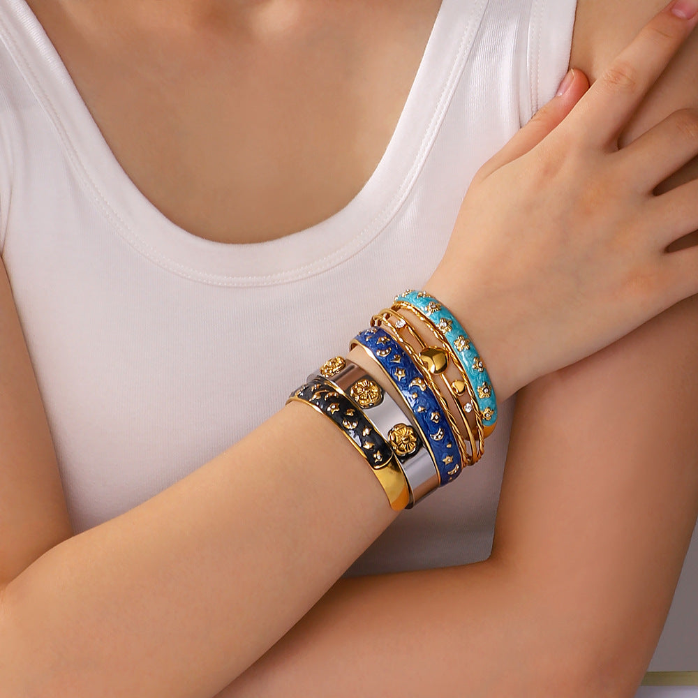 Minimalist C-Shaped Stainless Steel Bracelet with Enamel Stars and Moons, Irregular Asymmetric Design