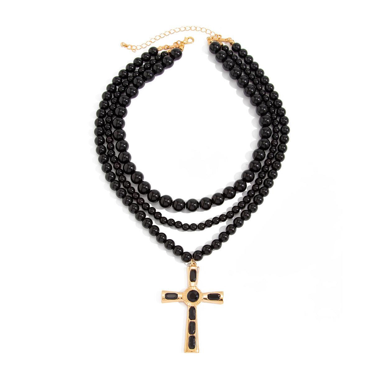 Gothic Punk Micro-Inlaid Cross Pendant Zinc Alloy Acrylic Bead Necklace for Women
