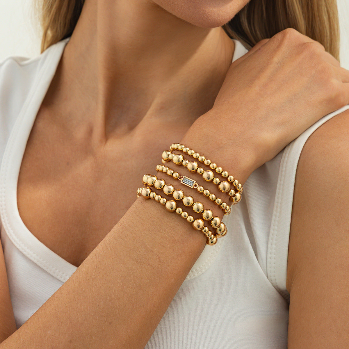 Minimalist Geometric Round Acrylic Plated Rhinestone Beaded Stretch Bracelet for Women