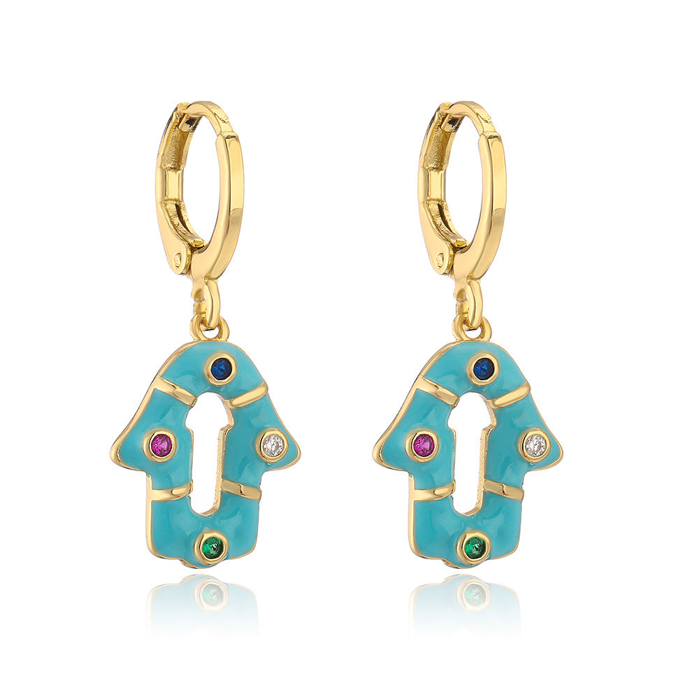 Orecchini bohémien geometrici da donna con base in rame placcata in oro 18K e zirconia incastonata con smalto