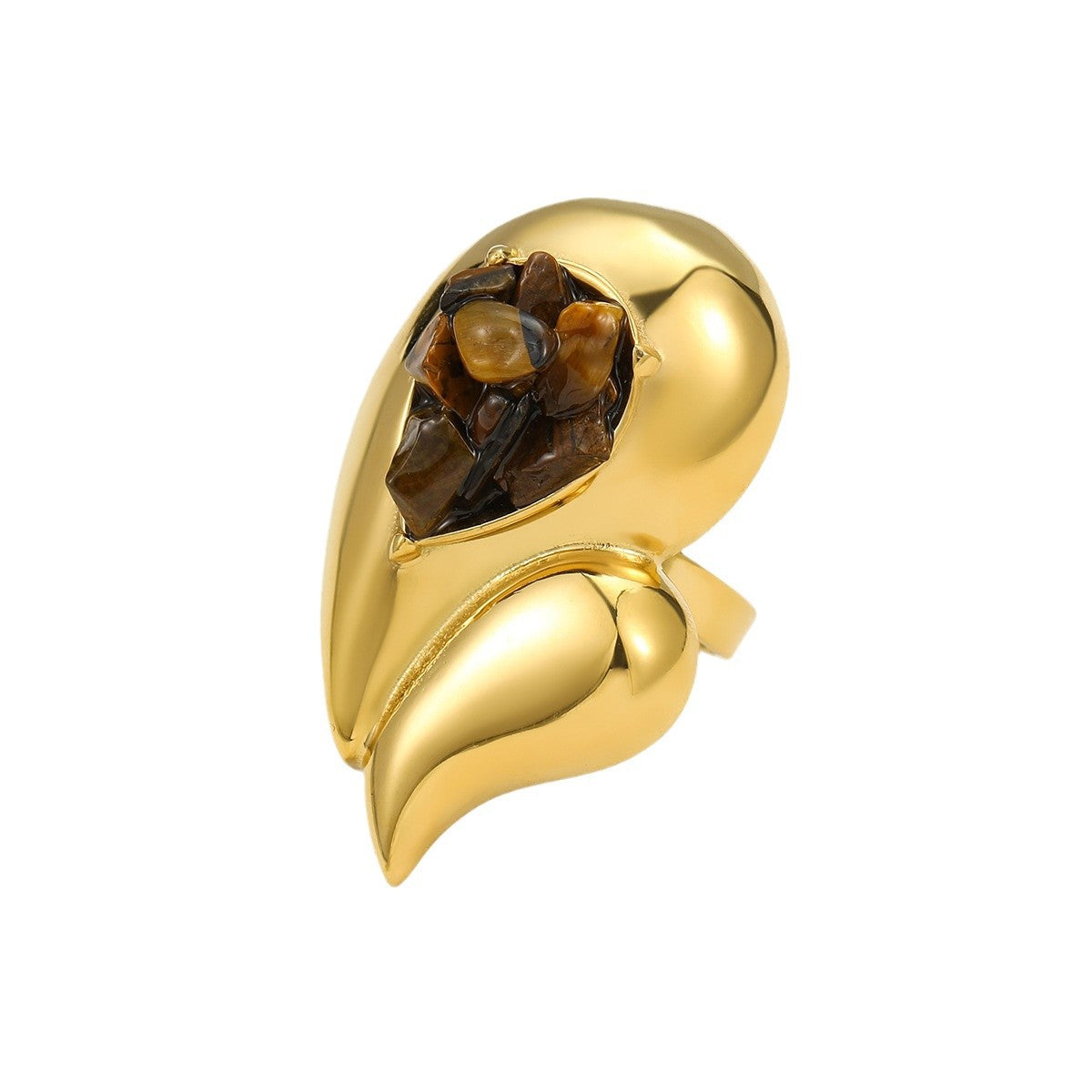 Vintage Oversized Stainless Steel Double-Layer Water-Drop Shaped Ring with Natural Stone Inlay and Plated Finish for Women