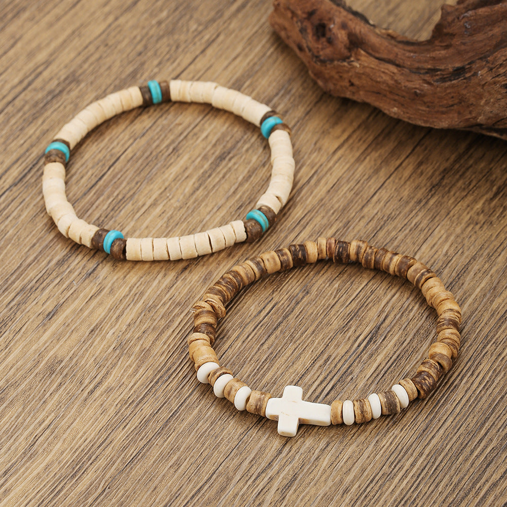 Bohemian Turquoise Cross Geometric Wood Bead Bracelet Unisex Handmade Multi-layer Stackable