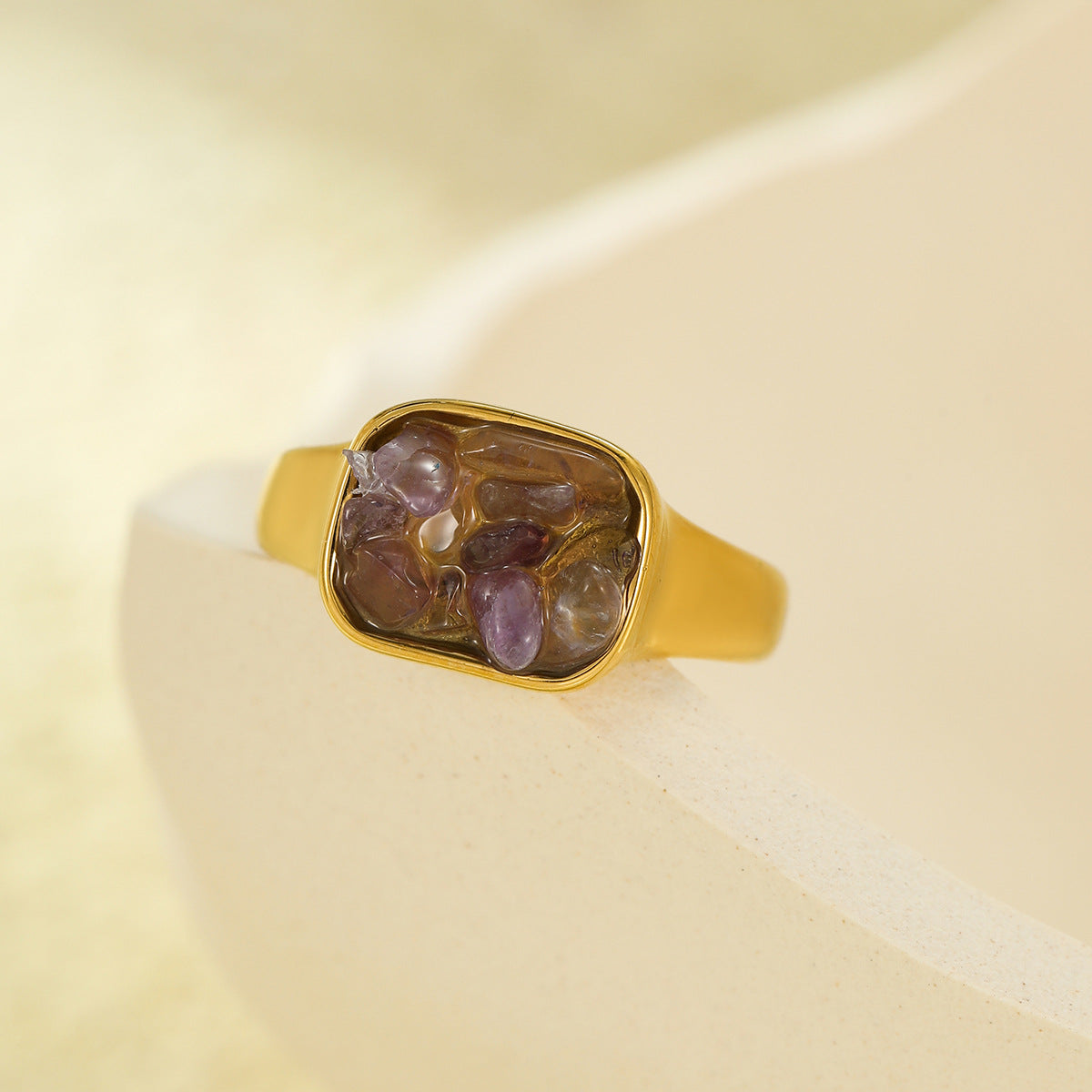 Anello Quadrato in Acciaio Inossidabile Stile Francese Vintage con Intarsio in Pietra Naturale, Ipoallergenico e Resistente allo Sbiadimento per Donna