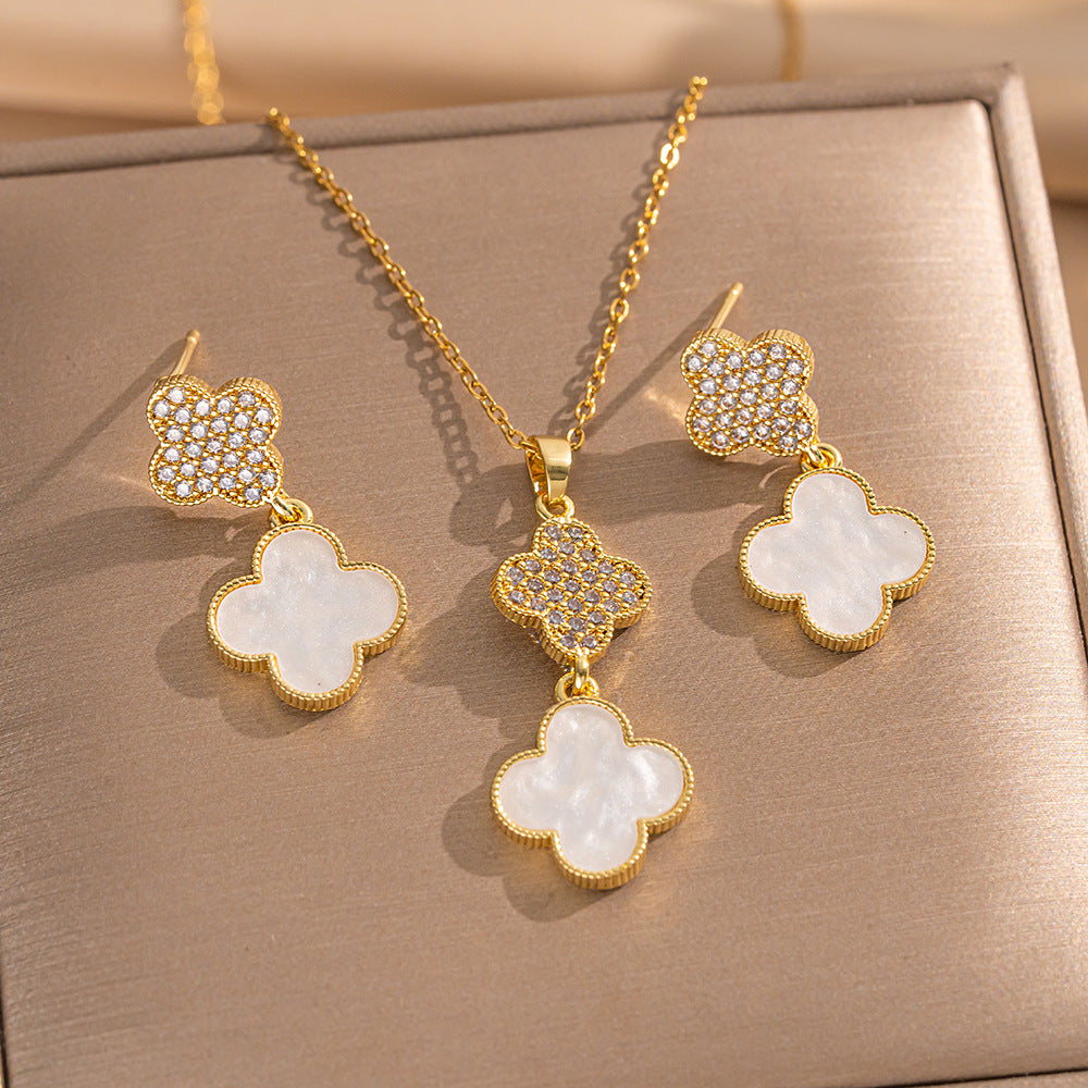 Set di Collana e Orecchini con Ciondolo a Goccia a Cuore Minimalista di Lusso in Acciaio al Titanio con Intarsi di Strass e Placcatura in Oro su Catena a O