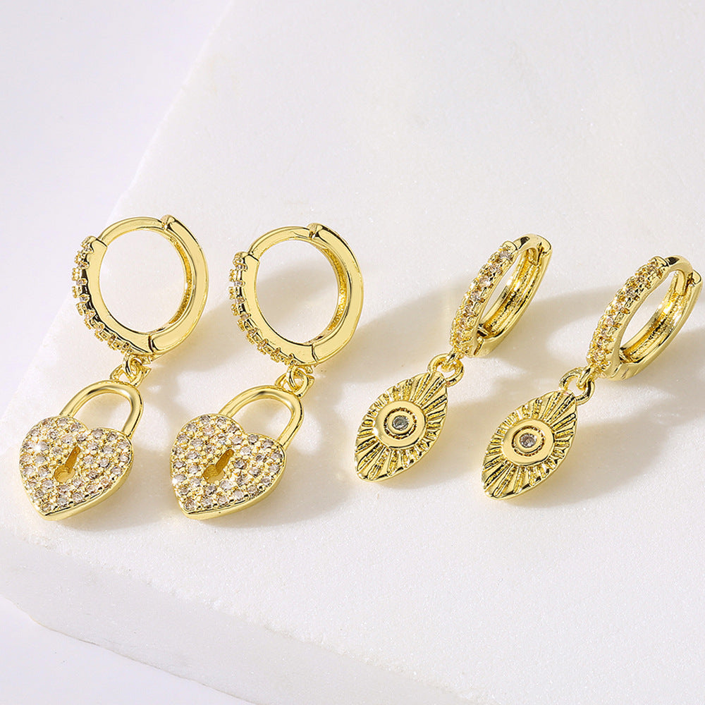 Orecchini minimalistici in rame a forma di cuore, placcati in oro 18 carati con zirconi, da donna
