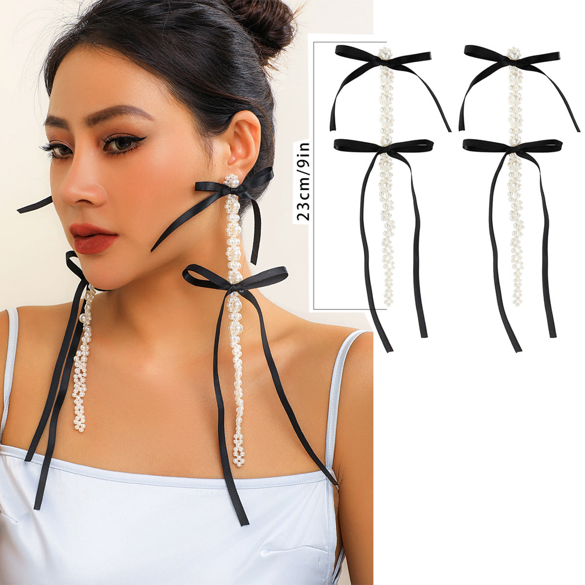 Aretes tipo broquel con borlas, lazos, perlas de imitación y flores de cristal estilo bohemio exagerado para mujer