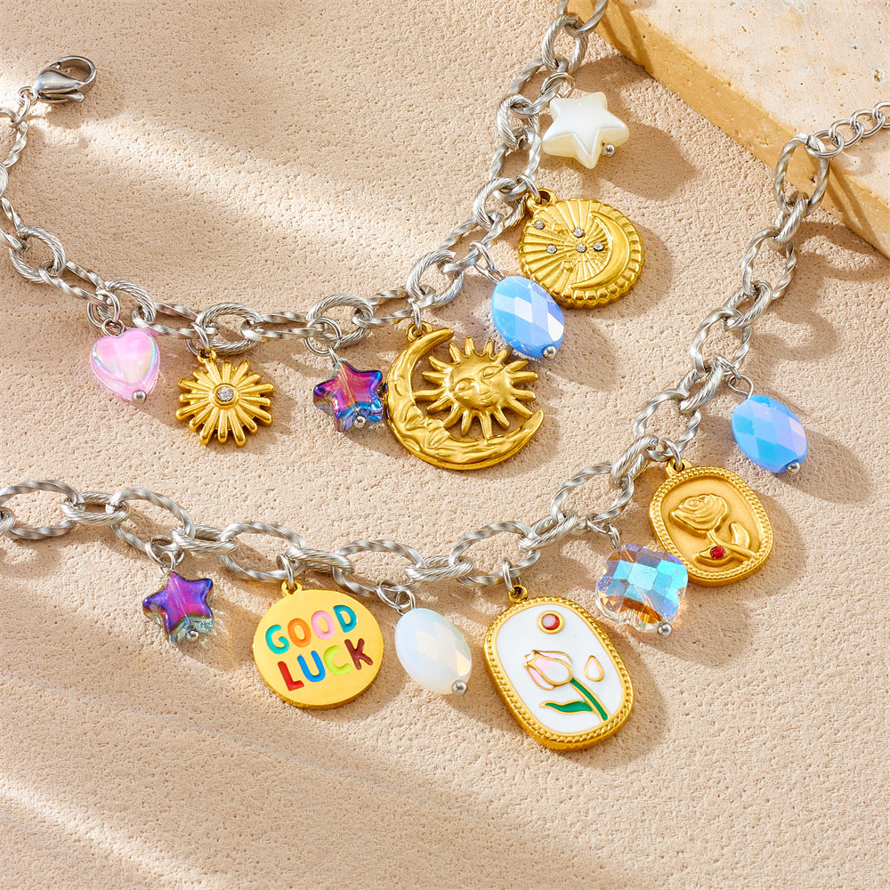 Fashion Elegant Drip Oil Plated Stainless Steel Bracelet with Tulip Moon Star Heart Floral Geometric Charms for Women