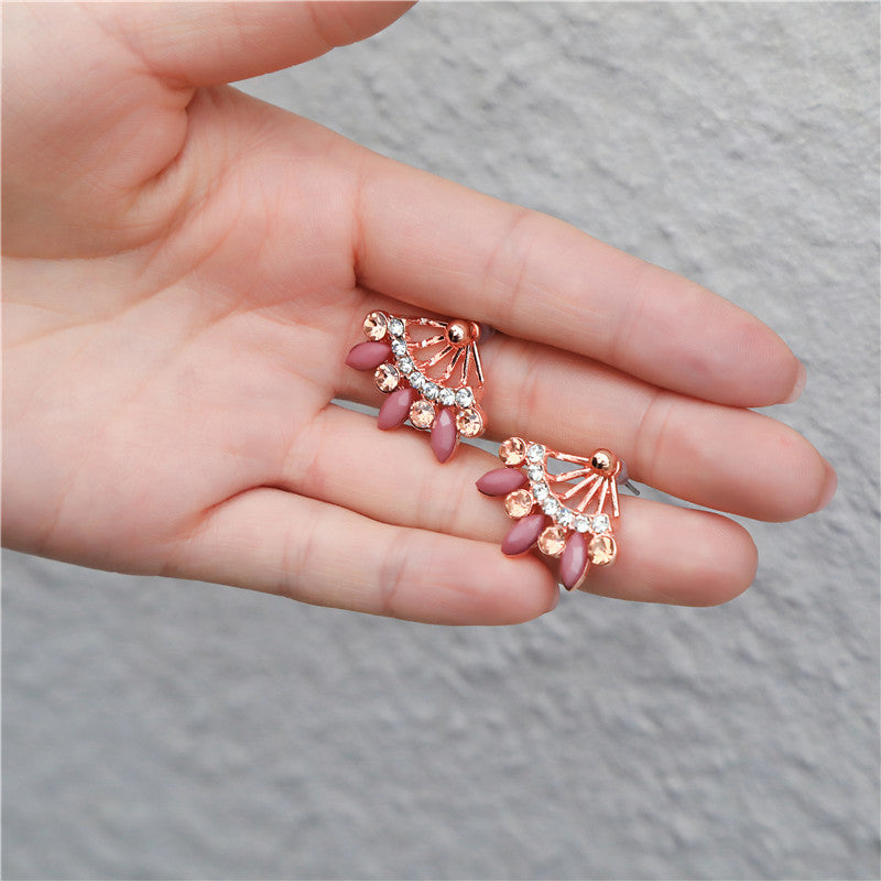 Minimalist Sweet Rose Gold Plated Alloy Teardrop Leaf Earrings with Rhinestone Inlay for Women