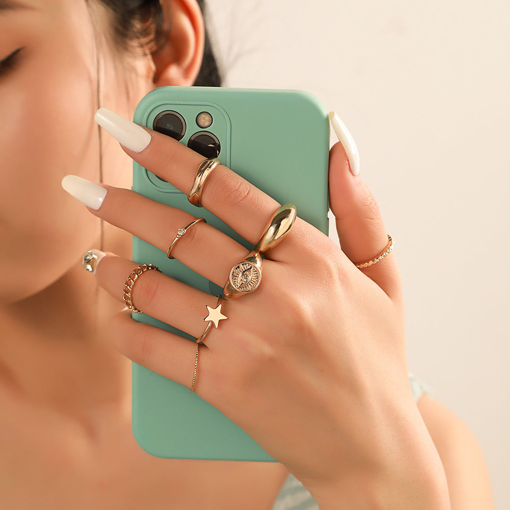 Geometric Round Plated Alloy Ring Set for Women