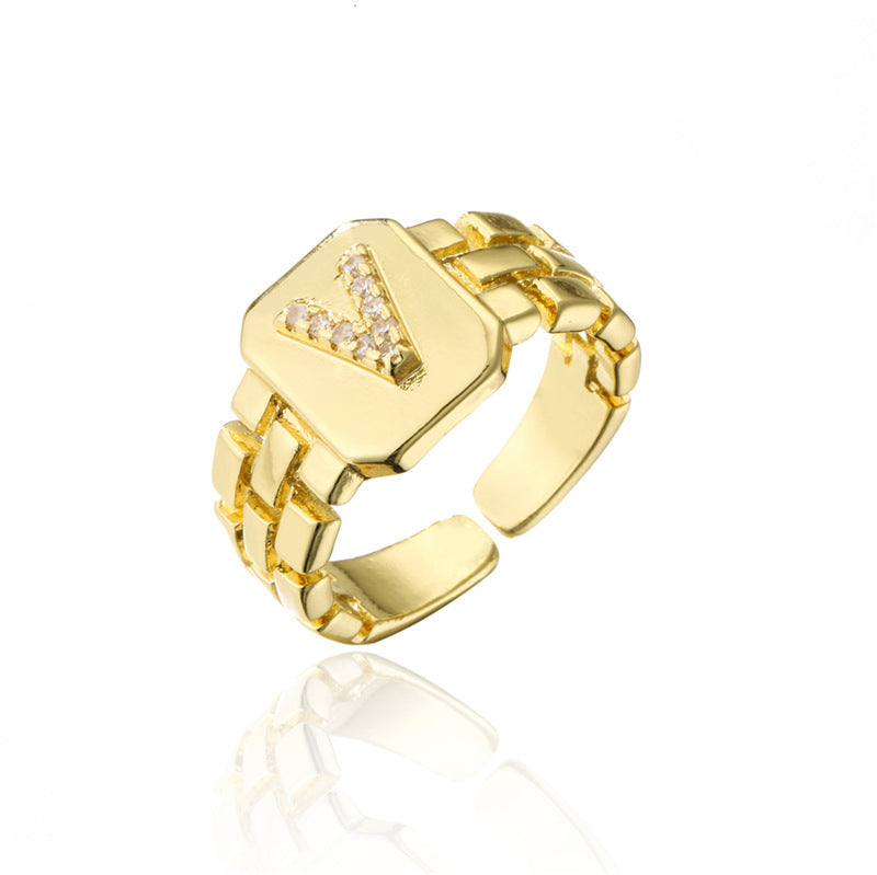 Minimalist Adjustable Open Ring with 18K Gold Plated Copper Band and AAA Zircon Letters Design