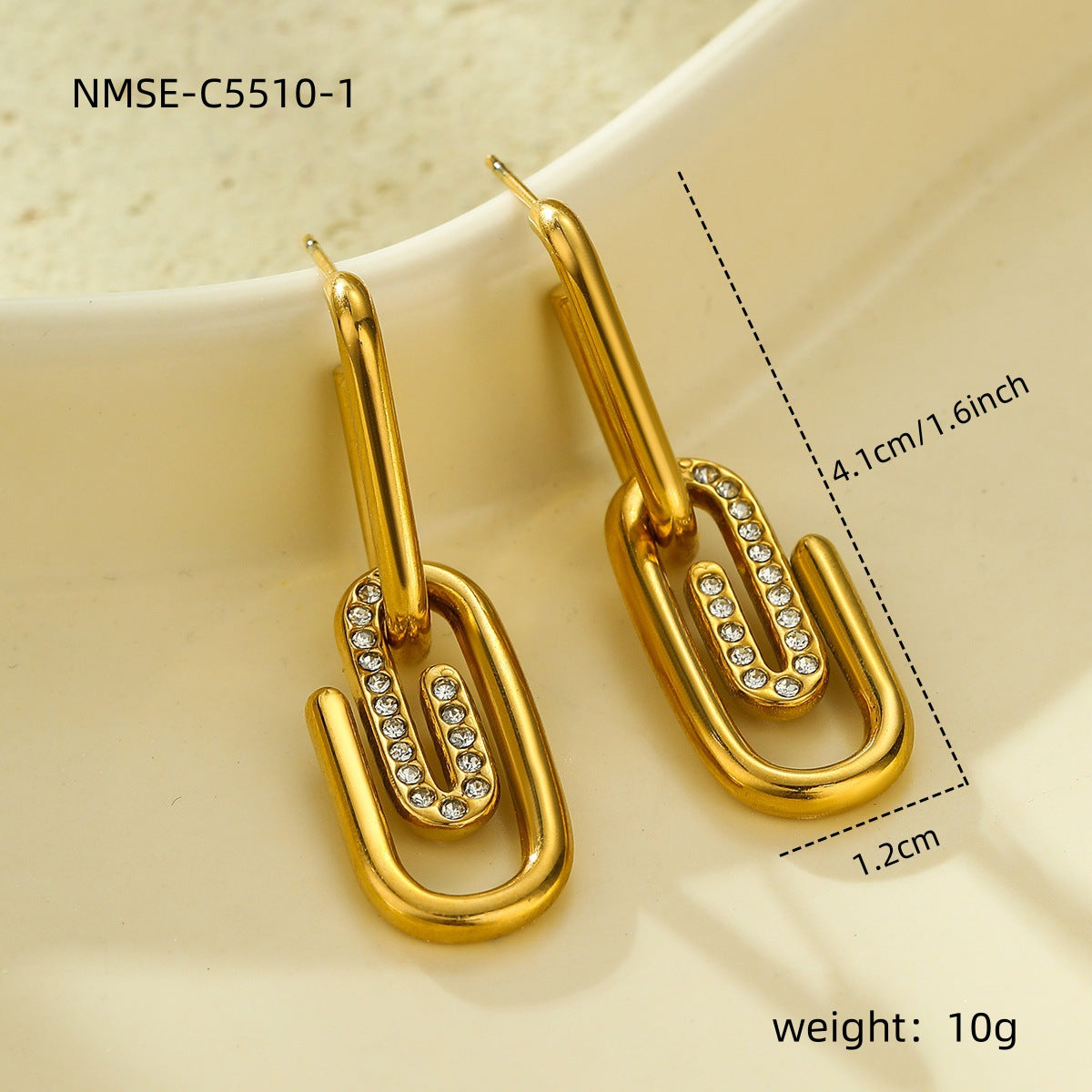 Aretes colgantes de clip de acero inoxidable chapado en oro de 18 quilates con diamantes de imitación para mujer