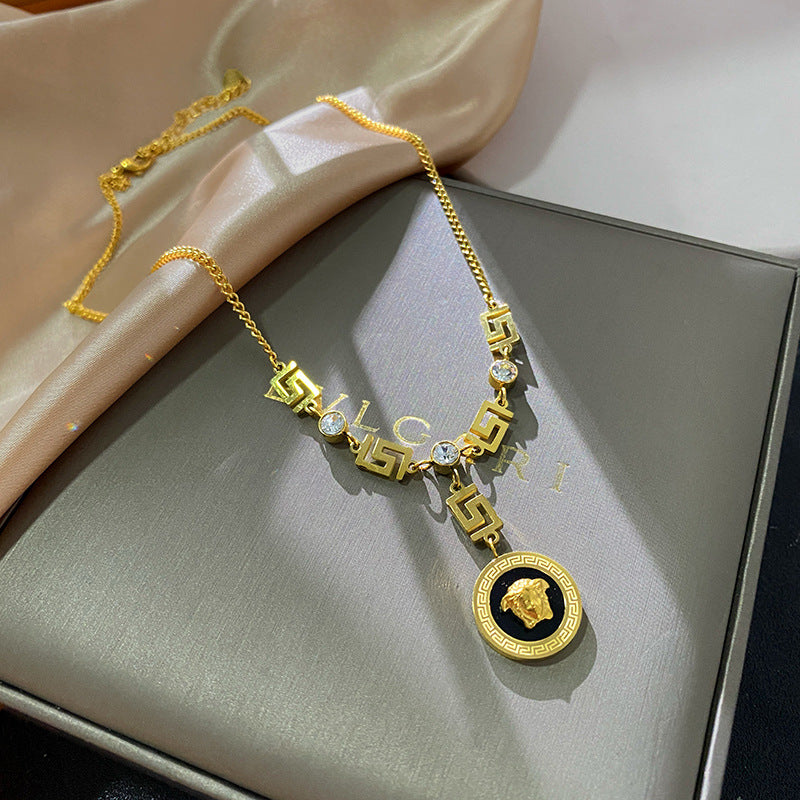 Vintage Black Gold Plated Titanium Steel Necklace with Stainless Steel Pendant Cable Chain Unisex