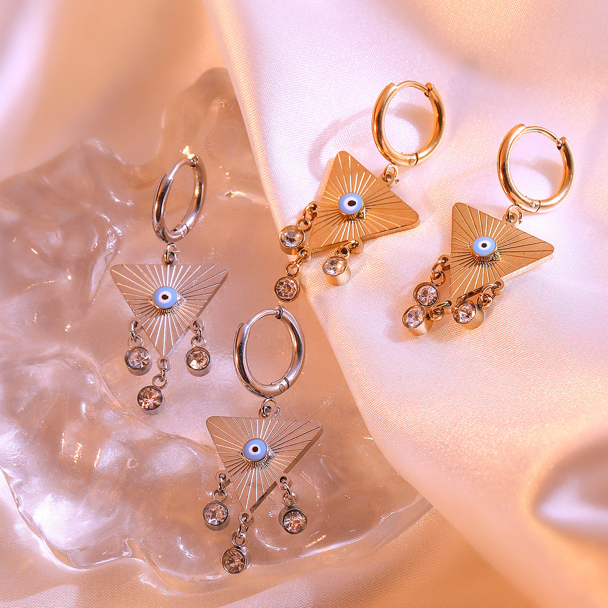 Minimalist Geometric Evil Eye Earrings for Women in Titanium Steel with Rhinestone Inlay and Enamel Finish