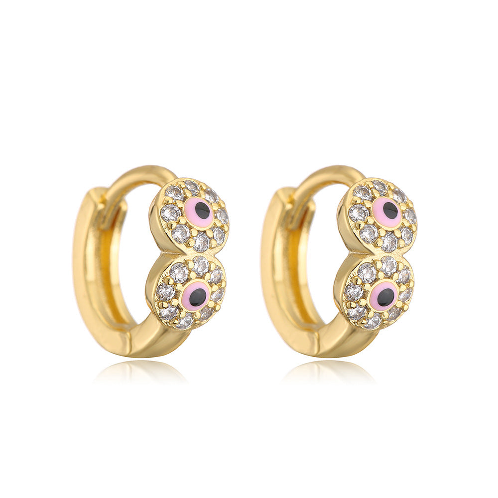 Orecchini Minimalisti Geometrici in Rame con Placcatura in Oro 18K e Dettaglio a Occhio Smaltato con Intarsio di Zirconi