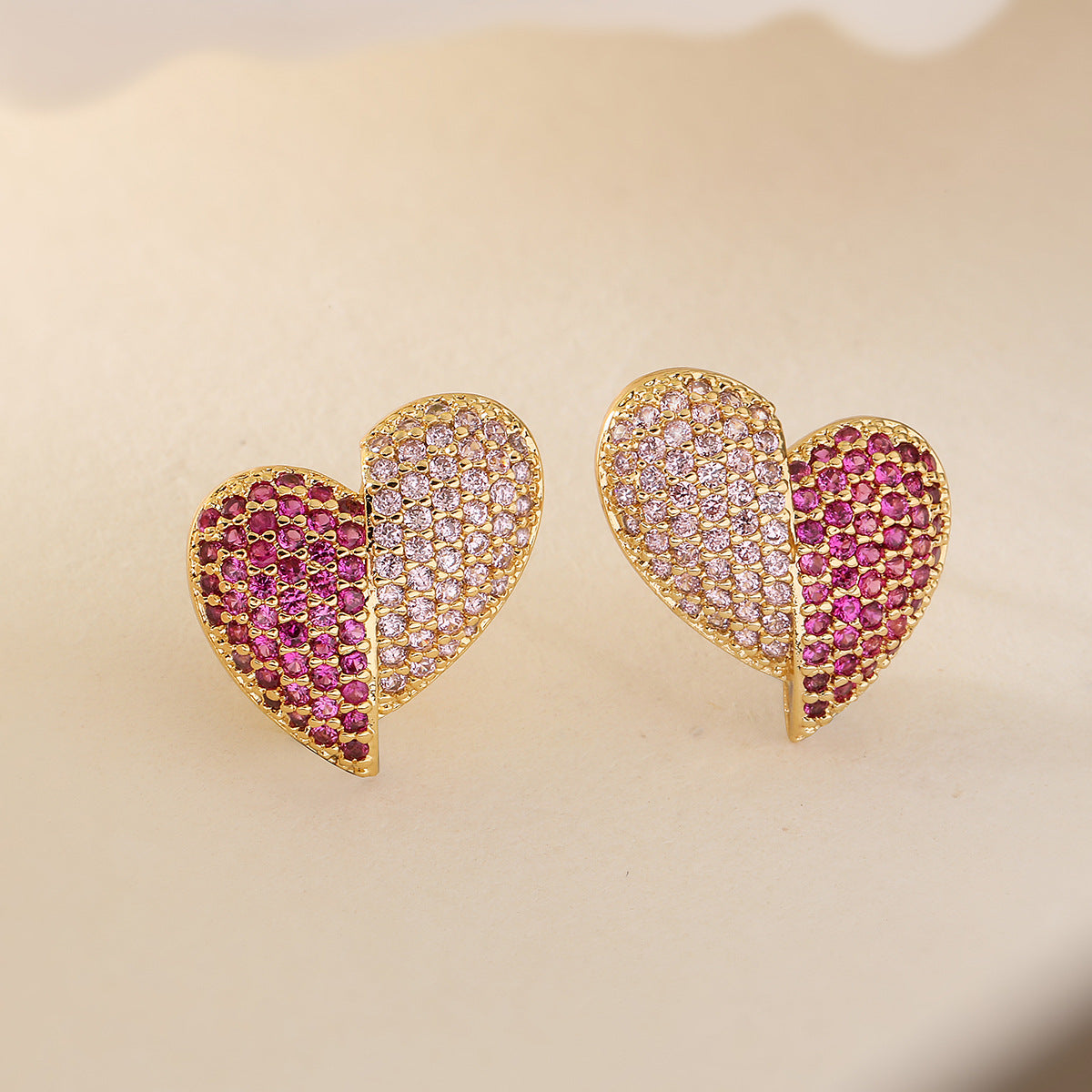 Minimalist Heart-Shaped Copper Earrings with 18K Gold Plating and Micro-Paved Zirconia for Women