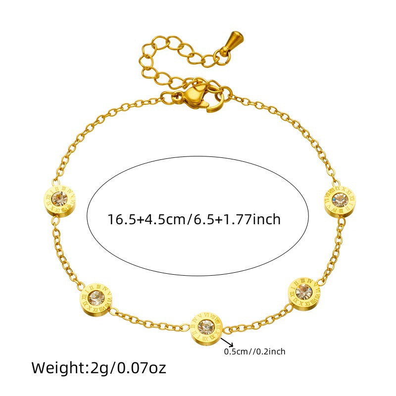 Conjunto de Collar, Pendientes y Pulsera con Colgante Redondo de Números Romanos de Diamantes de Imitación para Mujer, Cadena de Caja Chapada en Acero Inoxidable