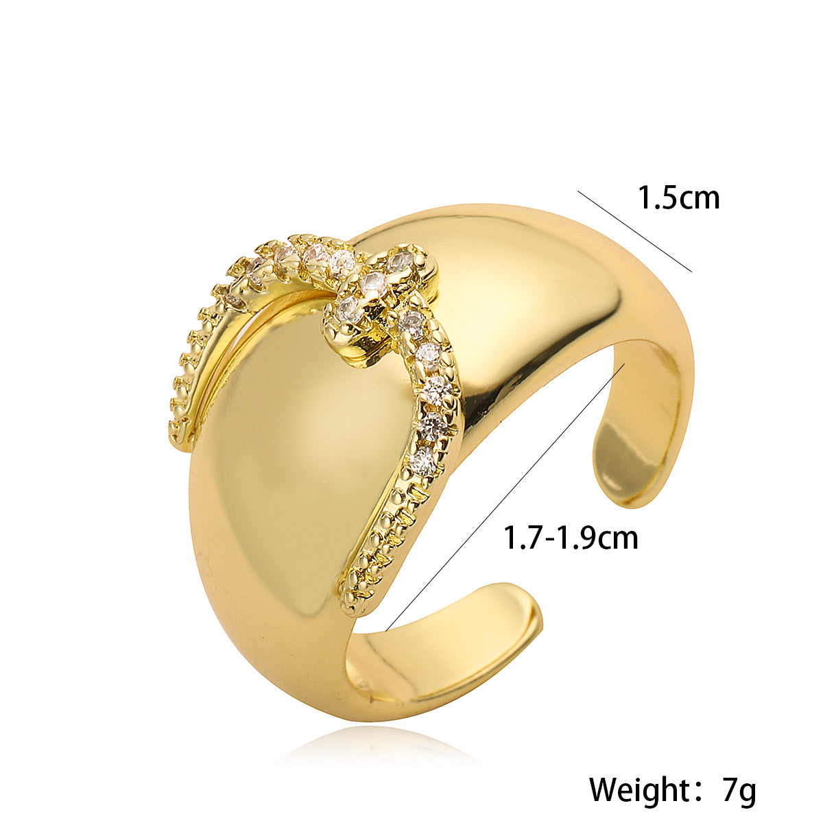 Anello Aperto Geometrico Minimalista da Donna in Rame con Placcatura in Oro 18K e Intarsio di Zirconi