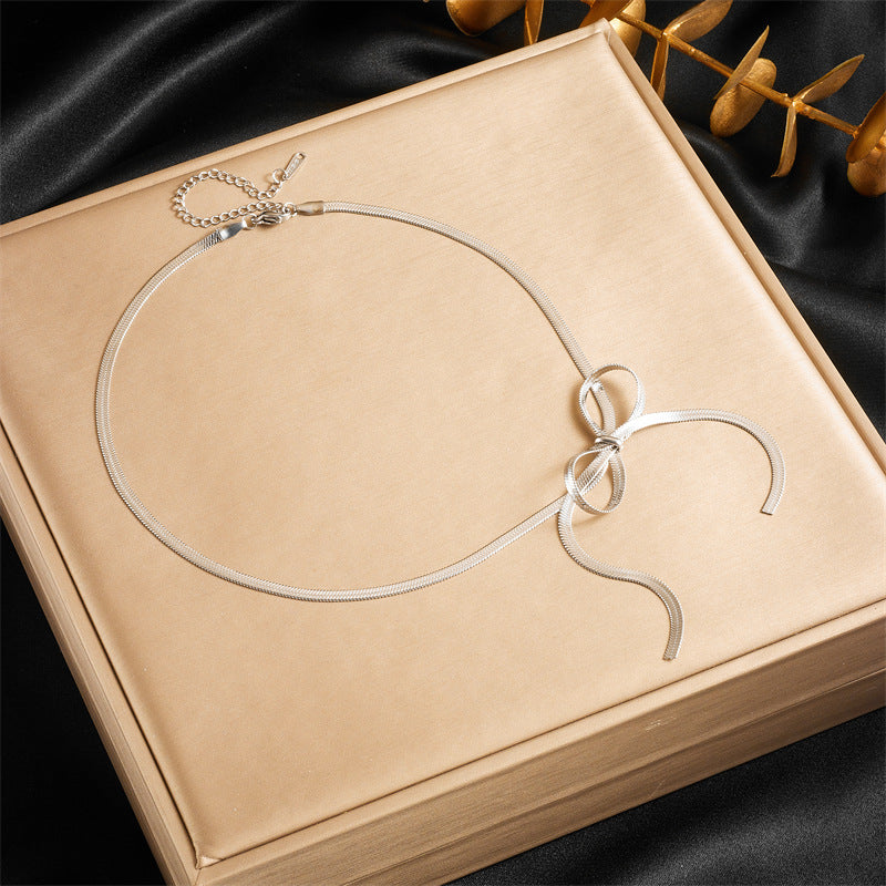Minimalist Plated Stainless Steel Bow Snake Chain Necklace for Women