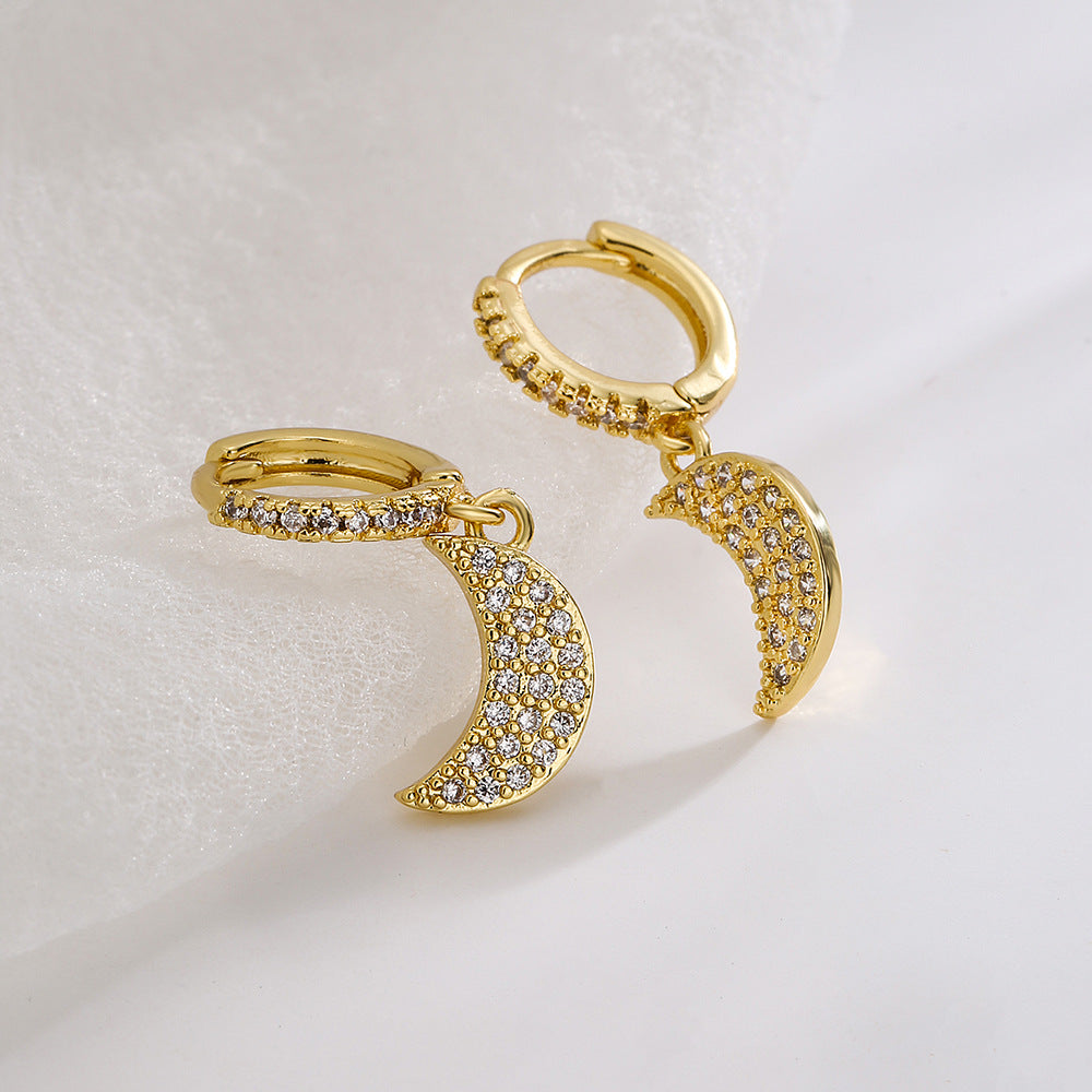 Minimalist Moon-Shaped Copper Earrings with 18K Gold Plating and Micro-Paved Zirconia for Women