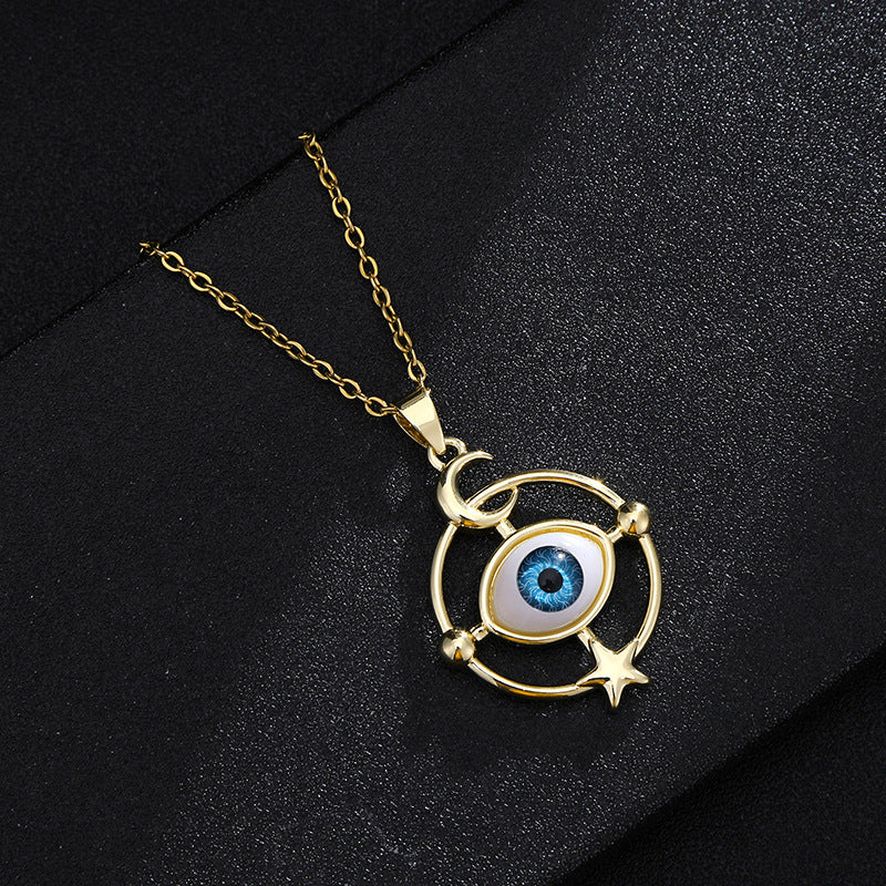 Collar con colgante de ojo turco geométrico vintage para mujer, chapado en cobre con oro real, cadena de serpiente, cadena de suéter ajustable