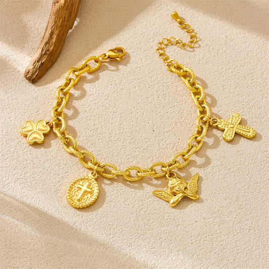 Vintage Luxury Style Oval Cross Angel Pendant Bracelet for Women with Gold Plated Stainless Steel Thick Chain