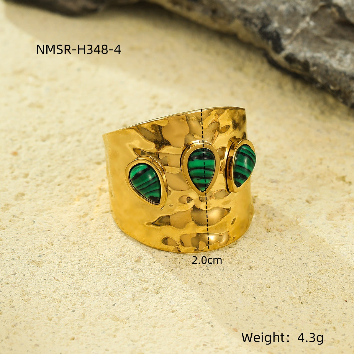 Elegante Anillo Bañado en Acero Inoxidable con Textura Geométrica Vintage Francés y Piedra Natural Incrustada para Mujer