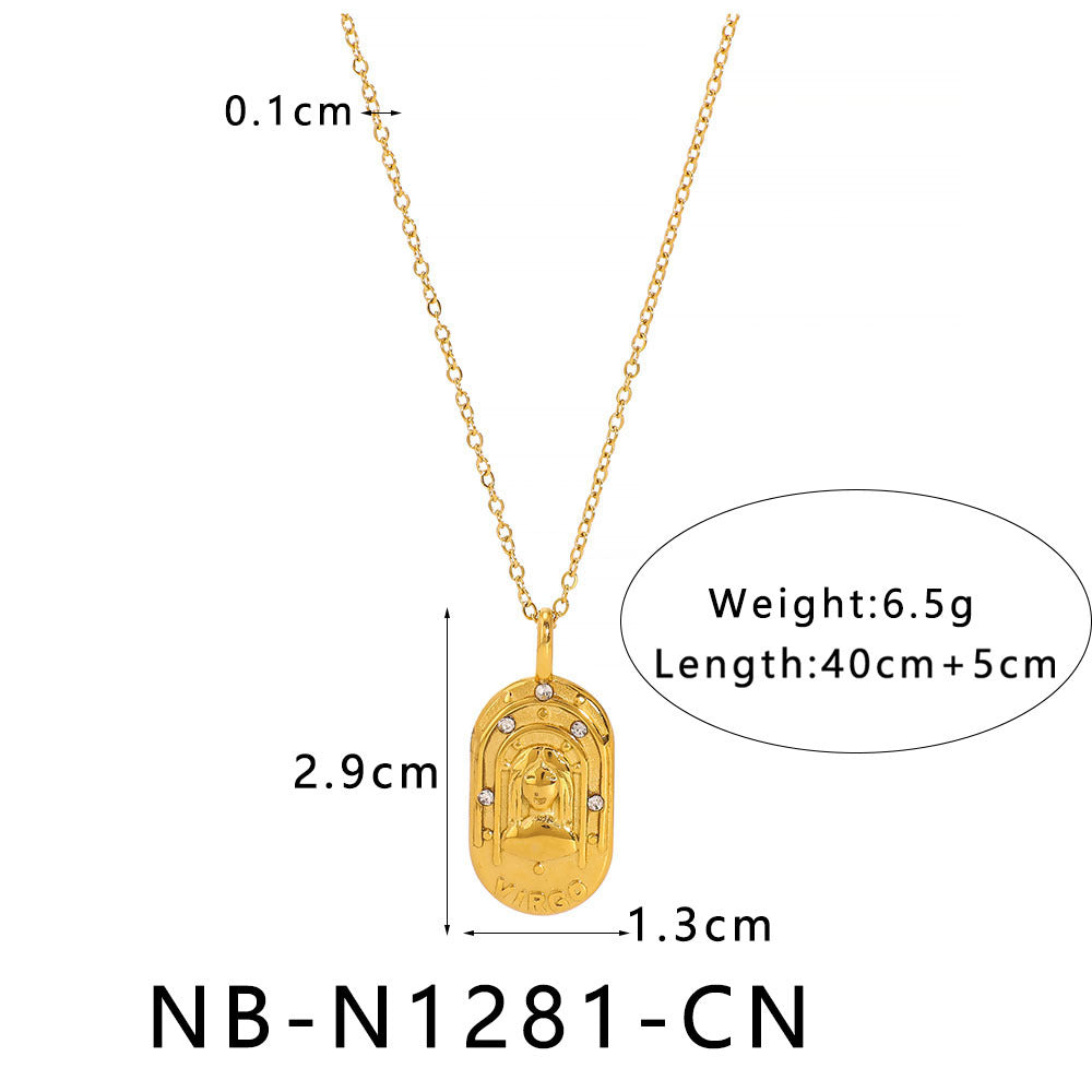 Minimalist Square Zodiac Pendant Necklace in Stainless Steel with Rhinestone Inlay and 18K Vacuum Plating for Women