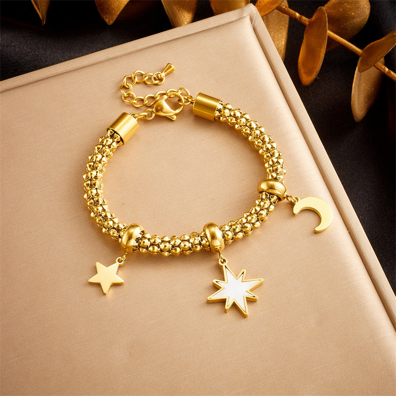 Bracciale alla moda vintage in acciaio inossidabile placcato oro con ciondolo a forma di fiore, luna, stella e turchese per donna