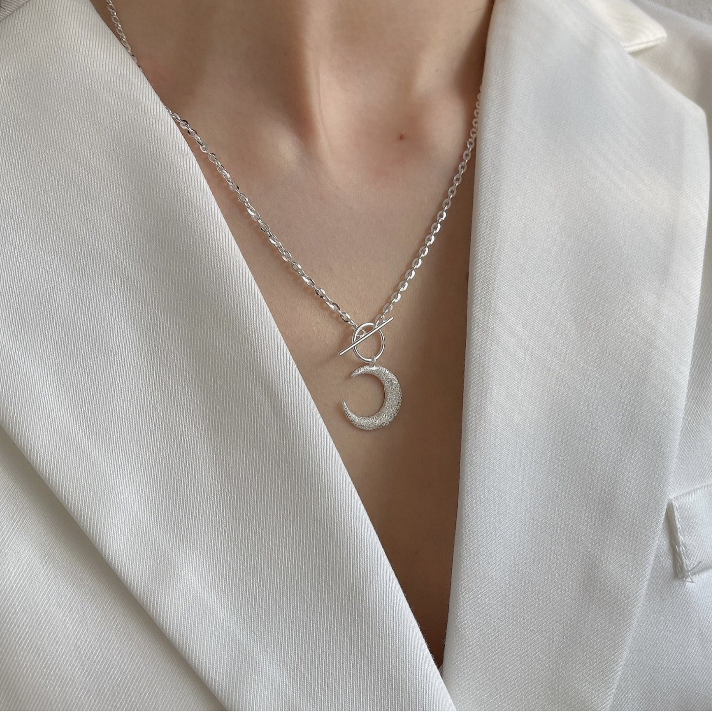 Minimalist Moon-Shaped 925 Sterling Silver Necklace with Matte Finish