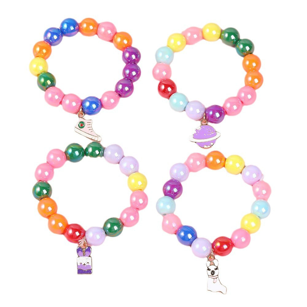 Pulsera de cuentas geométricas estilo dibujo animado para niñas con dije de esmalte en material de aleación para edades de 3 a 10+
