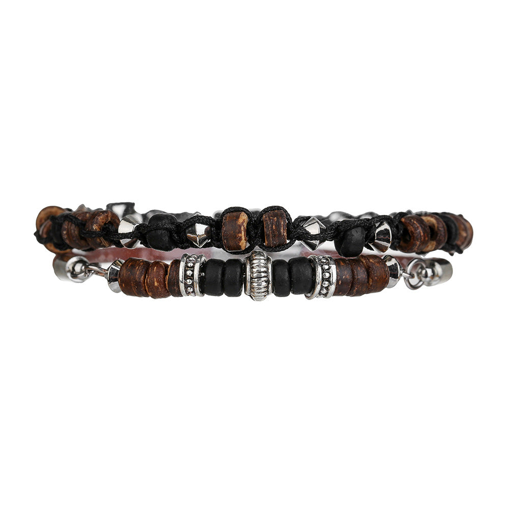 Vintage Hip-hop Punk Round Geometric Wood Bead Leather Bracelet with Magnetic Clasp for Men and Women