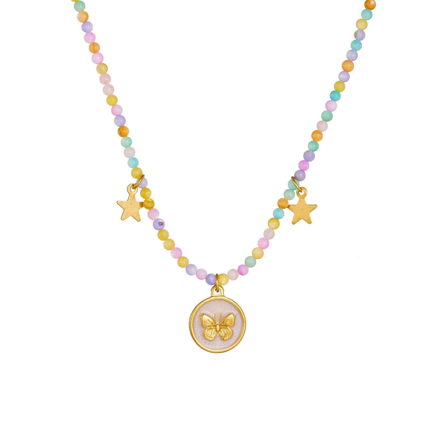 Sweet Bohemian Colorful Drip Oil Butterfly Star Round Stainless Steel Beaded Necklace