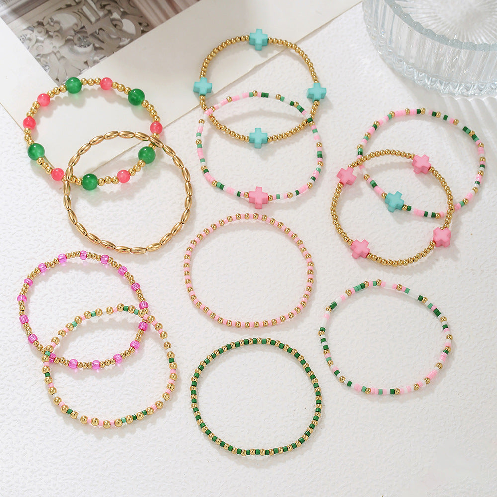 Colorful Seed Bead and Soft Pottery Cross Bracelet Handmade Multi-Layer Stacked Beach Jewelry for Women and Men