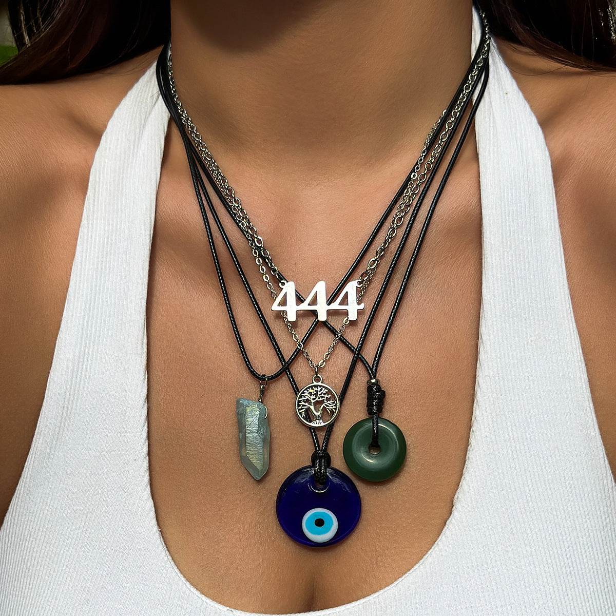 Collana Pendente Occhio di Allah Vintage Turchese da Donna con Perle in Lega e Cordino Cerato a Forma Geometrica