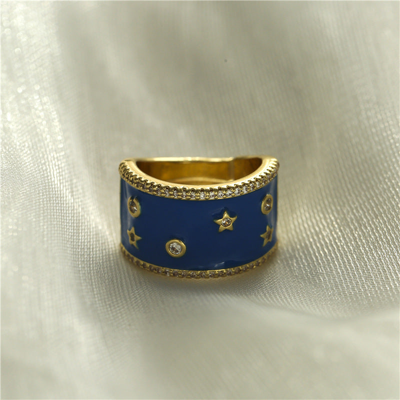 Elegant Geometric Drip Oil Brass Ring with Micro-Inlaid Cubic Zirconia for Women