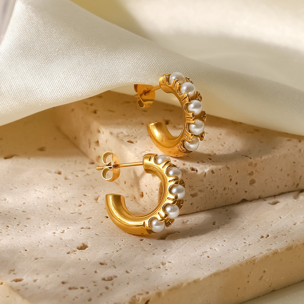 INS-Inspired Geometric Titanium Steel Earrings with 18K Gold Plating and Pearl Inlay for Women