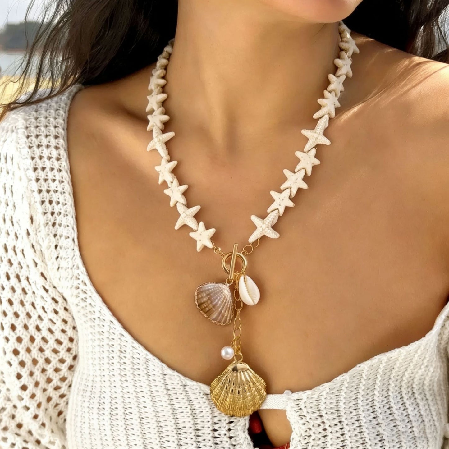 Collana pendente Bohemian di lusso con conchiglia a stella marina e conchiglia geometrica fatta a mano in lega per donna