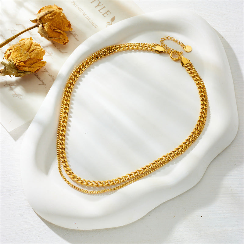 Minimalist Punk Hip Hop Double Layer Titanium Steel Gold Plated Necklace for Women