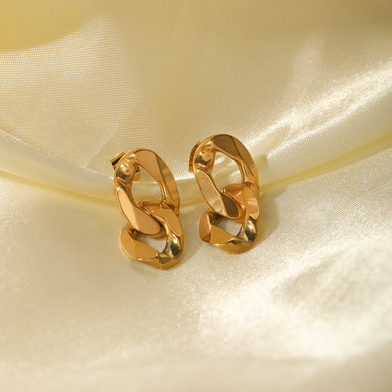 Irregular Geometric Shape 18K Gold-Plated Titanium Steel Earrings for Women with U-Shaped Design and Chain Detail