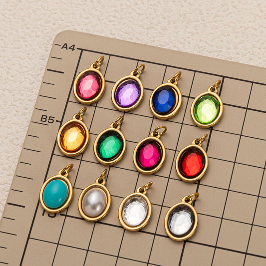 Vintage Geometric Stainless Steel 18K Gold Plated PVD DIY Charm Bar Necklace with 12 Birthstones