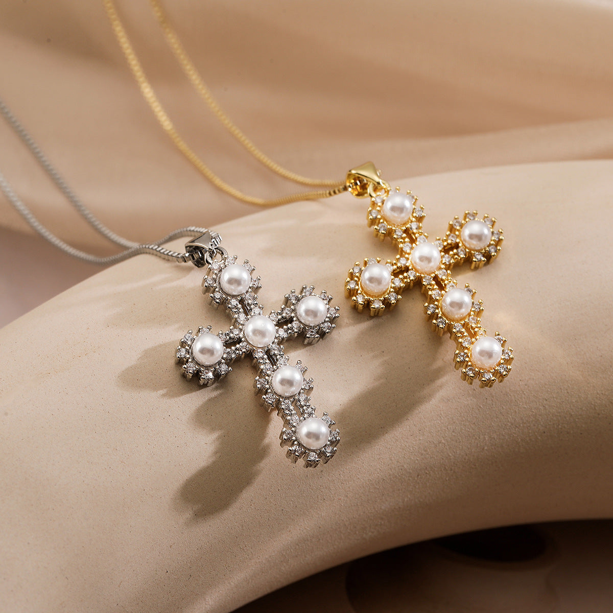 Minimalist Geometric Cross Pendant Necklace for Women with Copper Base Plated in Real Gold, Zircon and Pearl Inlay, Elegant Clavicle Chain