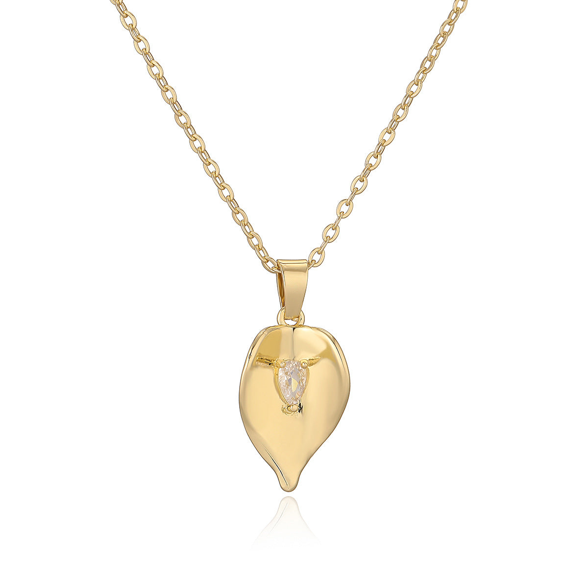 Minimalist Leaf-Shaped Copper Pendant Necklace with Genuine Gold Plating and Zircon Inlay for Women