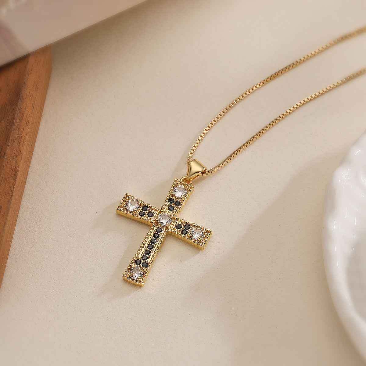 Minimalist Geometric Cross Pendant Necklace for Women with Copper Base Plated in 18K Gold and Zircon Inlay