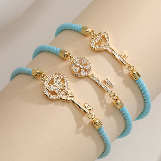 Luxury Minimalist Geometric Key 18K Gold Plated Brass Micro-inlay Cubic Zirconia Bracelet for Women