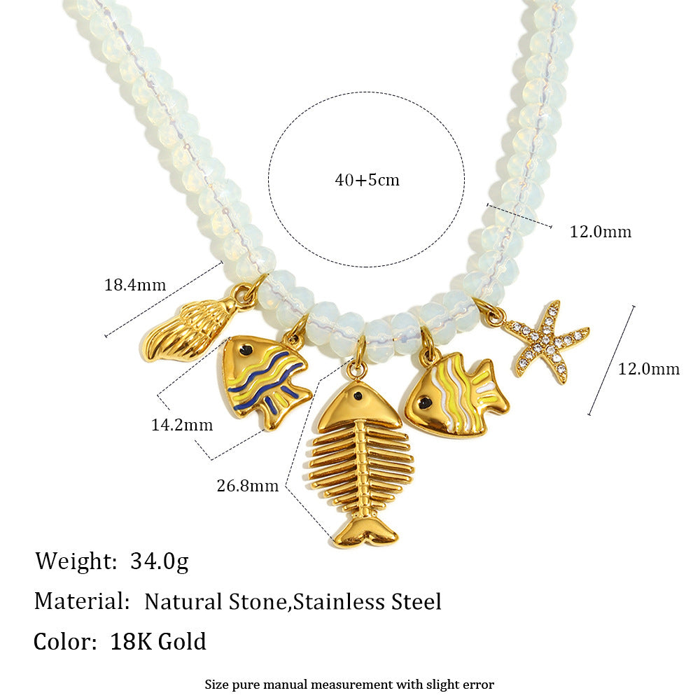 Minimalist Geometric Stainless Steel Plated 18K Gold Opal Ocean Life Pendant Necklace for Women