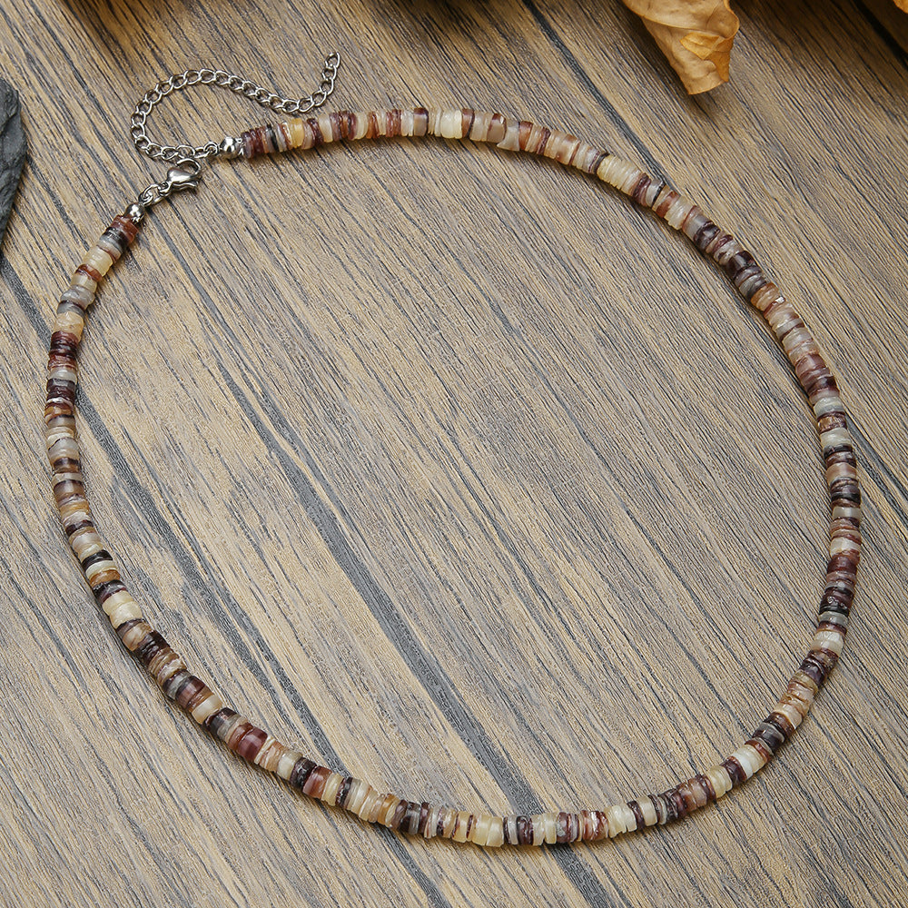 Personalized Geometric Round Stainless Steel Freshwater Shell Beaded Necklace Handmade Cable Chain