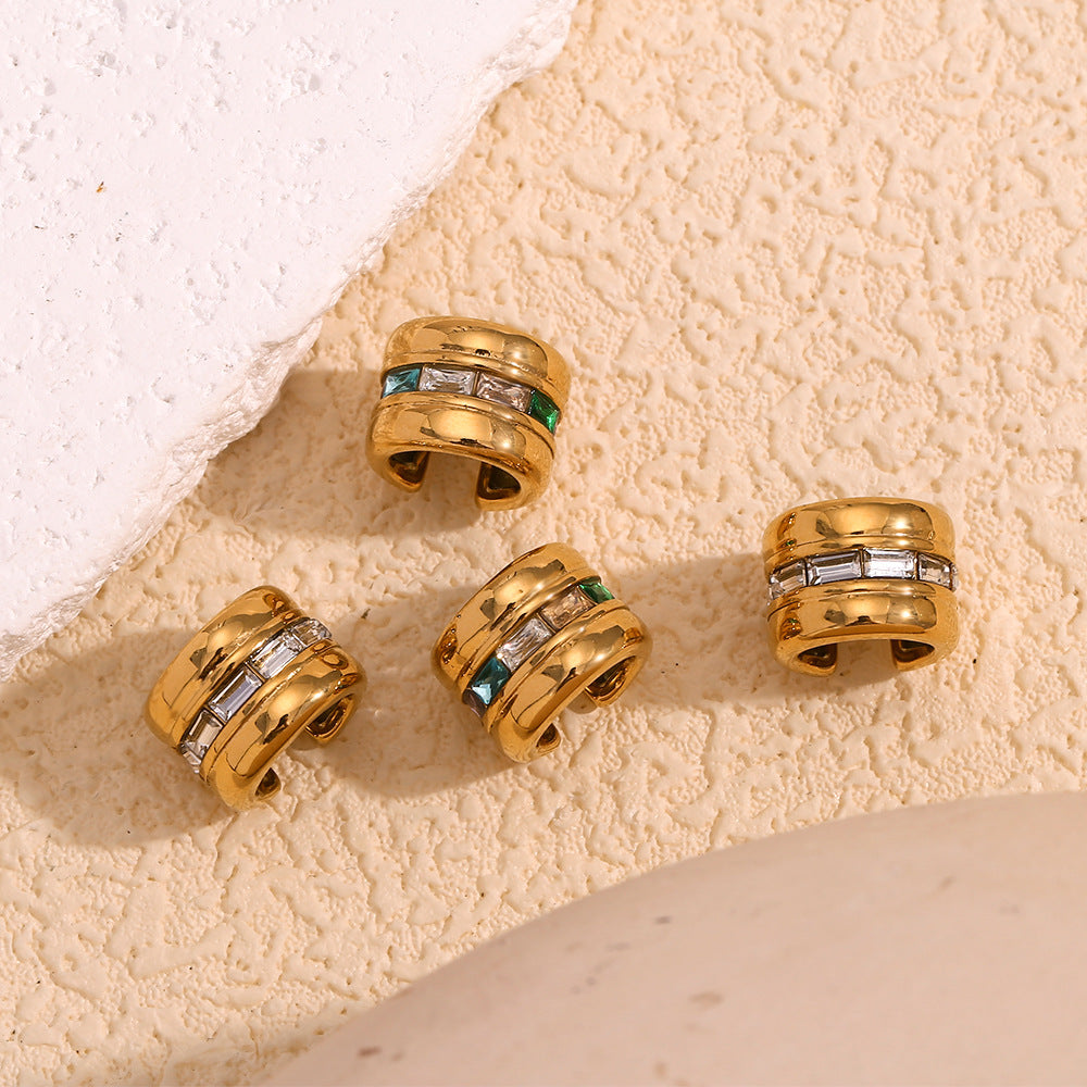 Fashionable Geometric Stainless Steel 18K Gold Plated Micro-Paved Rhinestone Clip-On Earrings for Women