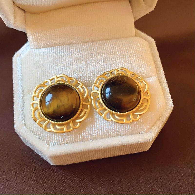 Pendientes de tuerca geométricos de ojo de tigre chapados en bronce mate para mujer, joyería de lujo minimalista artística vintage