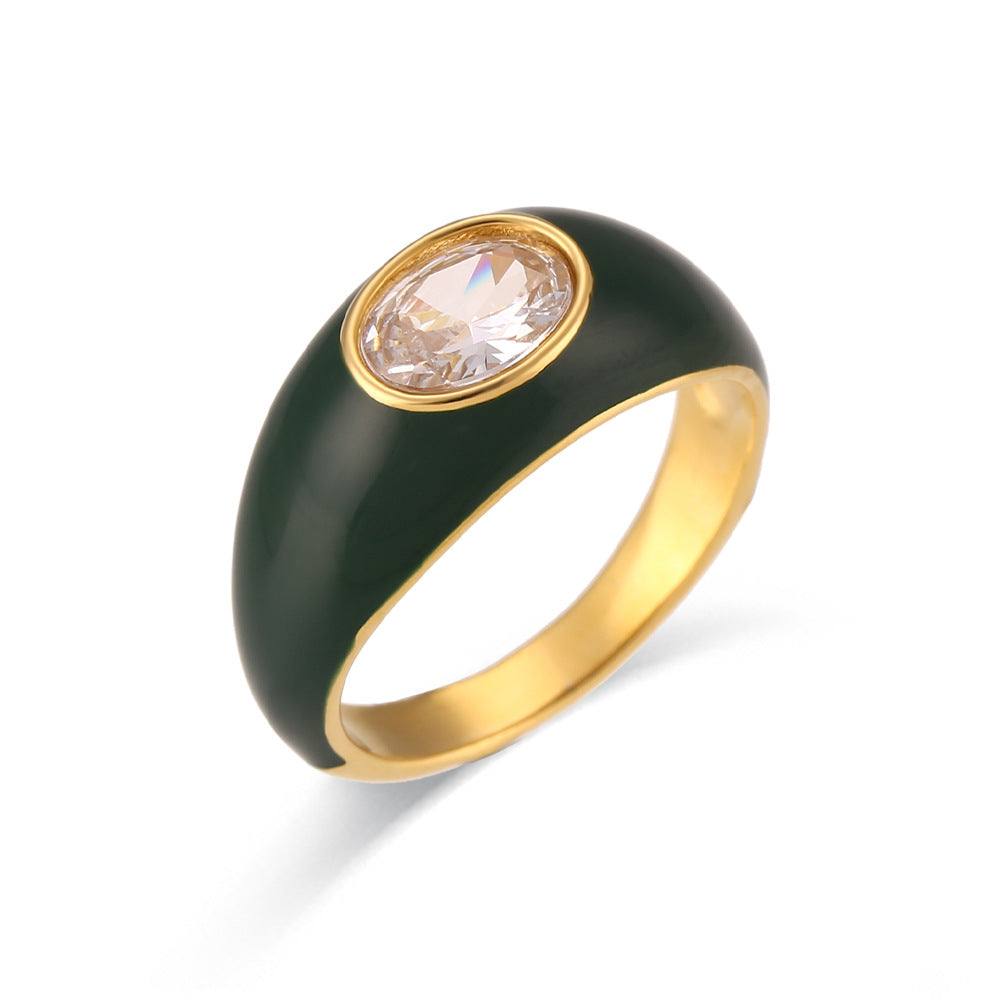 Vintage Style Oval-Shaped Titanium Steel Ring with 18K Gold Plating and Enamel Finish for Women