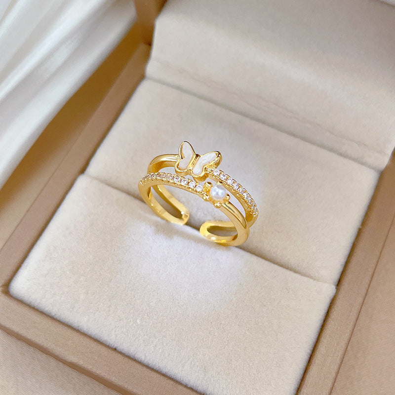 Sweet Minimalist Gold Plated Brass Butterfly Rhinestone Adjustable Ring for Women and Couples
